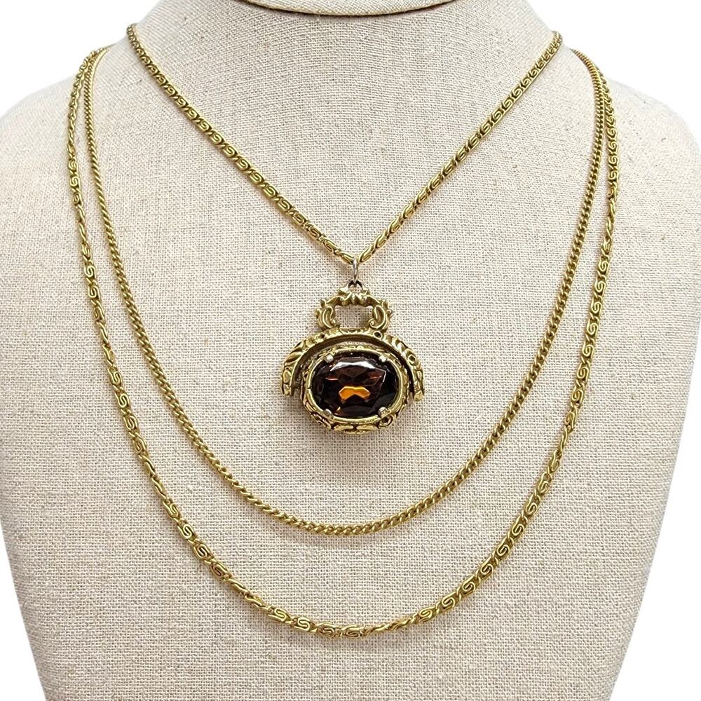 Vintage Goldette NY 3 Long Strand Spinner Fob Necklace Smoky Topaz Glass 1960s